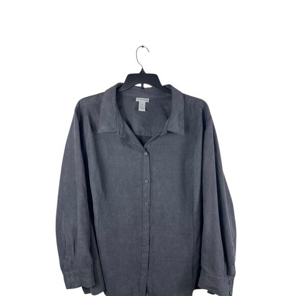 Catherines 4X Charcoal Gray Faux Suede Button Front Blouse Top Long Sleeve - Picture 2 of 11